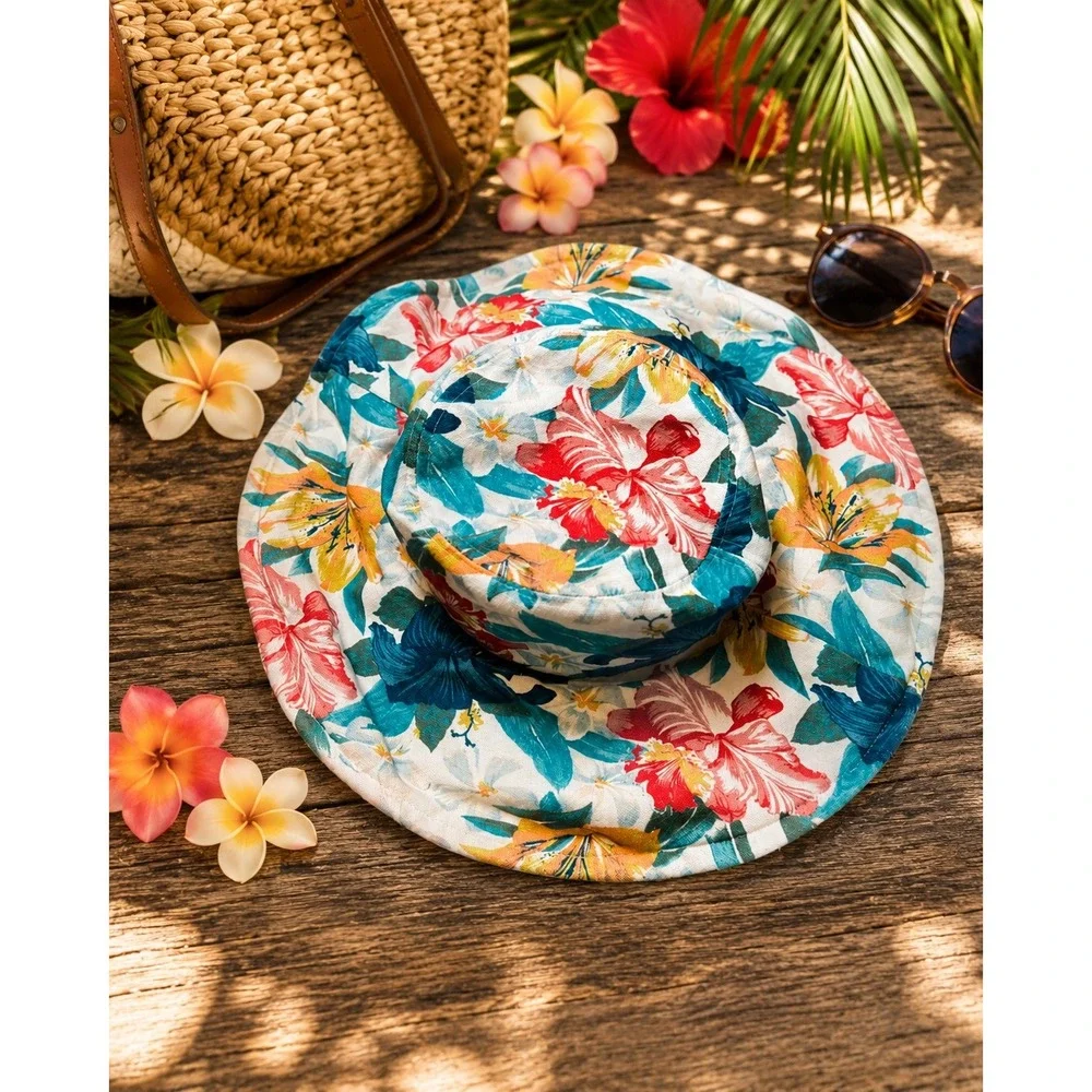 O'Neill Bucket Hat Womens Cream Multi Floral Tropical Hibiscus Canvas Sun Hat